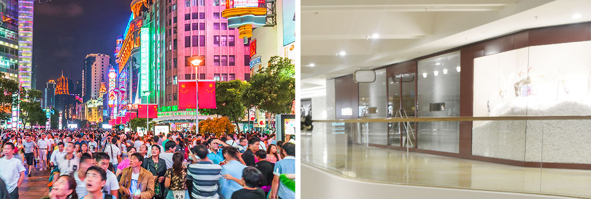 Collage with photos that depict the crowd of people on the street in China and the interior of the office building