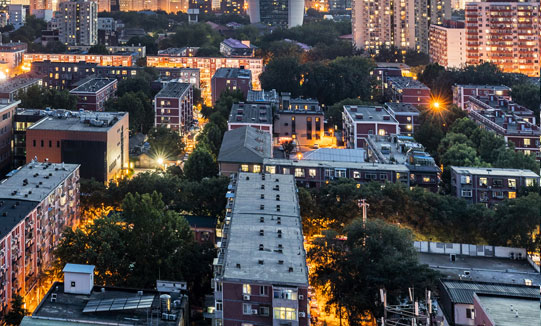 Illuminated buildings and streets of the city