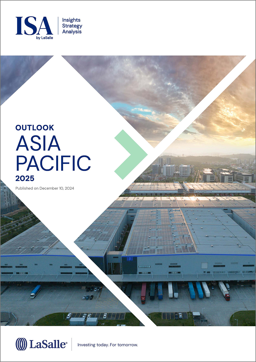 Cover of LaSalle's ISA Outlook Asia Pacific 2025 report, featuring aerial view of industrial warehouses with dramatic sky. Logo and title overlay on geometric design