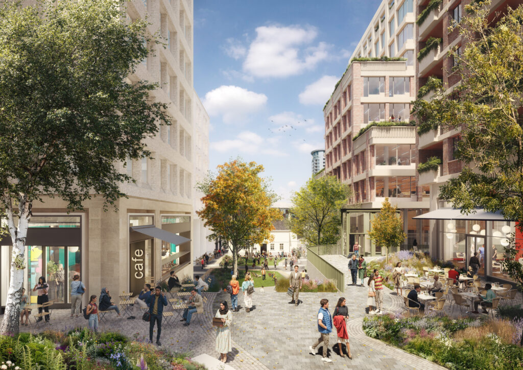 Architectural rendering of The Galleries redevelopment in Bristol. Mixed-use buildings with green balconies surround a vibrant pedestrian area. People stroll and relax among trees, planters, and outdoor cafes in this modern urban streetscape.