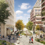 Architectural rendering of The Galleries redevelopment in Bristol. Mixed-use buildings with green balconies surround a vibrant pedestrian area. People stroll and relax among trees, planters, and outdoor cafes in this modern urban streetscape.